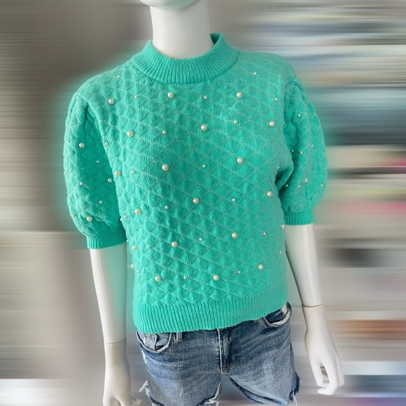 PEACH LOVE CALIFORNIA Short puff sleeve pearl knit top S M L - Picture 8 of 9